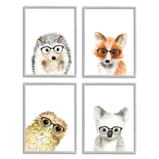 Stupell Industries Adorable Forest Animals with Glasses Owl Fox in Gray Frame Wall Art